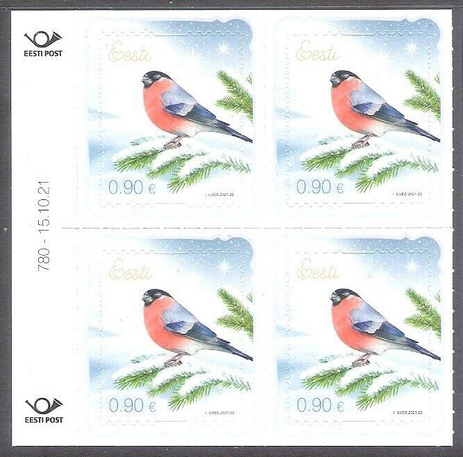 Estland 2021 Estonia Mnh Birds Bullfinch, Christmas Stamp Block Of 4 Mi 1024